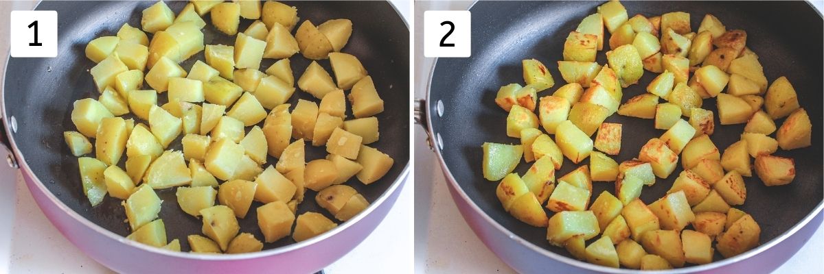Collage of 2 images showing pan frying of potato cubes.