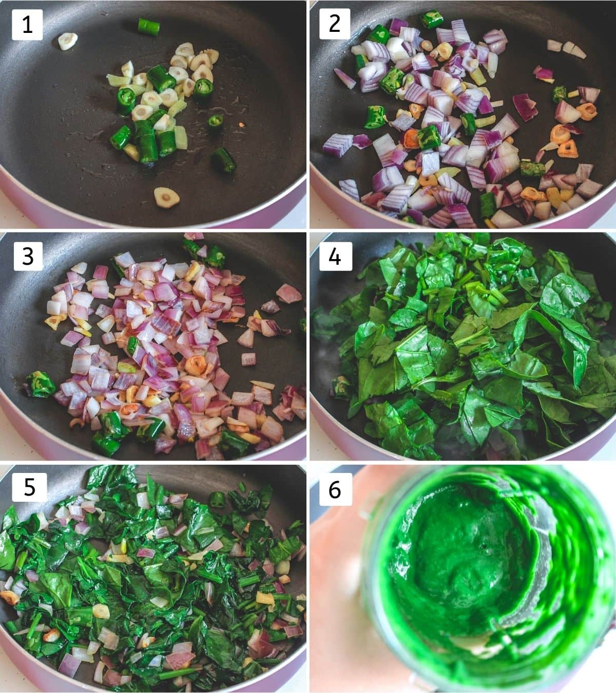 Collage of 6 images showing cooking onion, spinach and spinach paste.