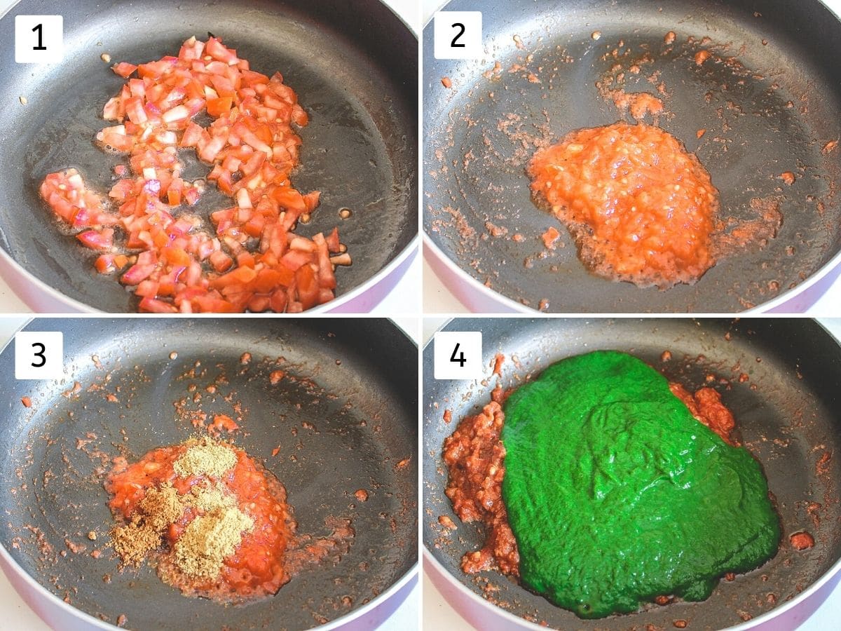 Collage of 4 images showing cooking tomato, adding spices and spinach paste.