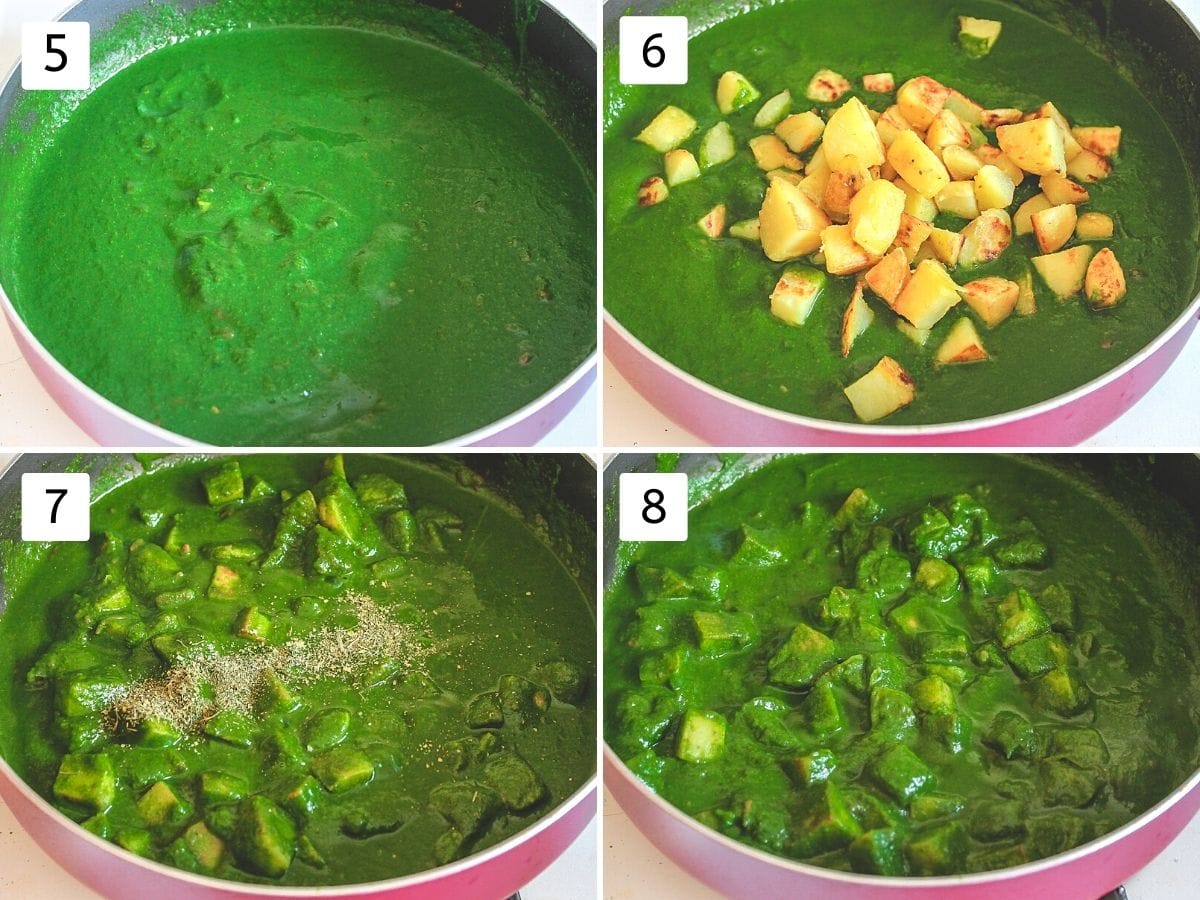 Collage of 4 images showing adding potato, kasoori methi and ready aloo palak gravy.