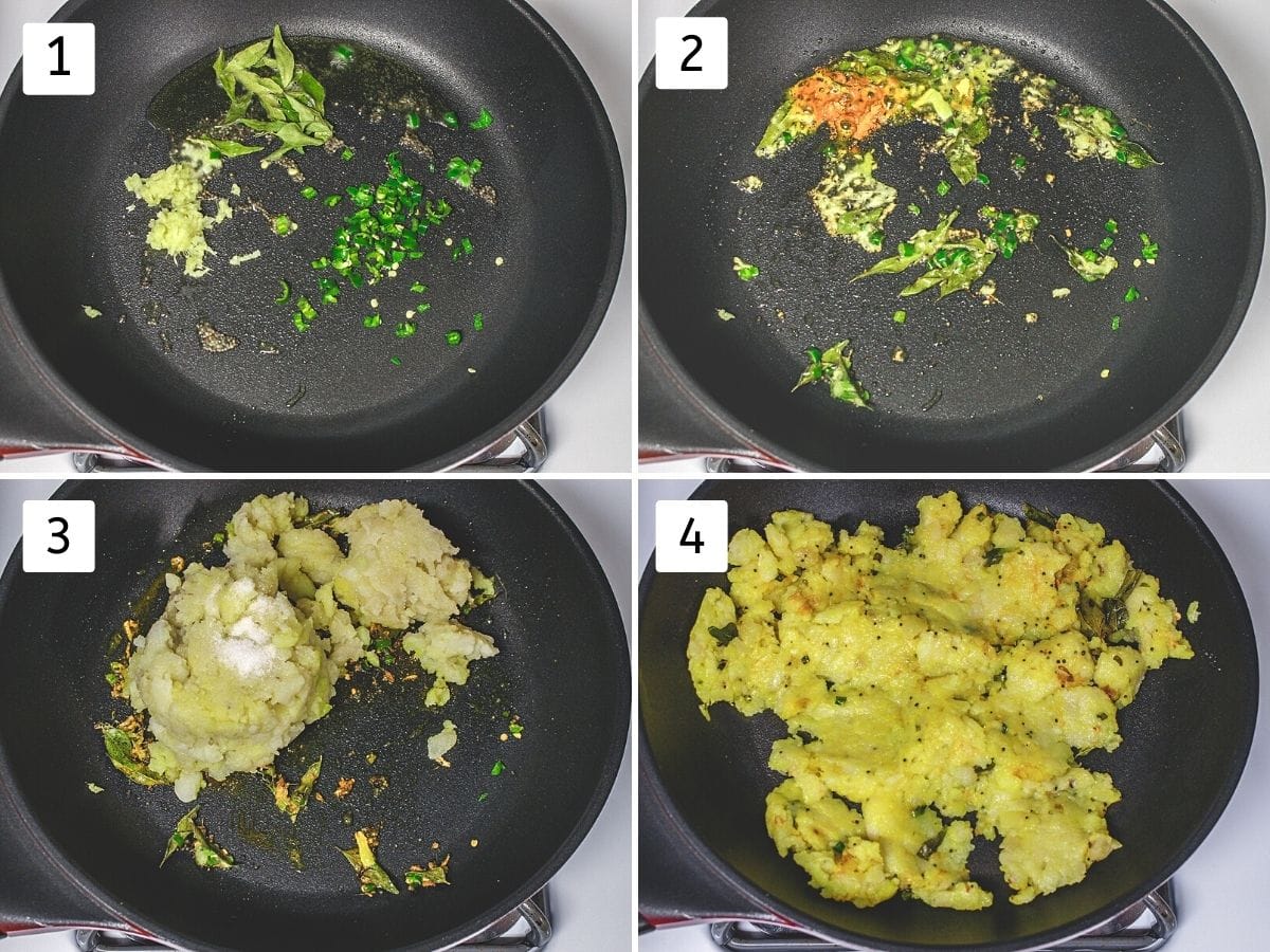 Collage of 4 images showing tempering of ginger, garlic, chili, curry leaves, mixing mashed potatoes.