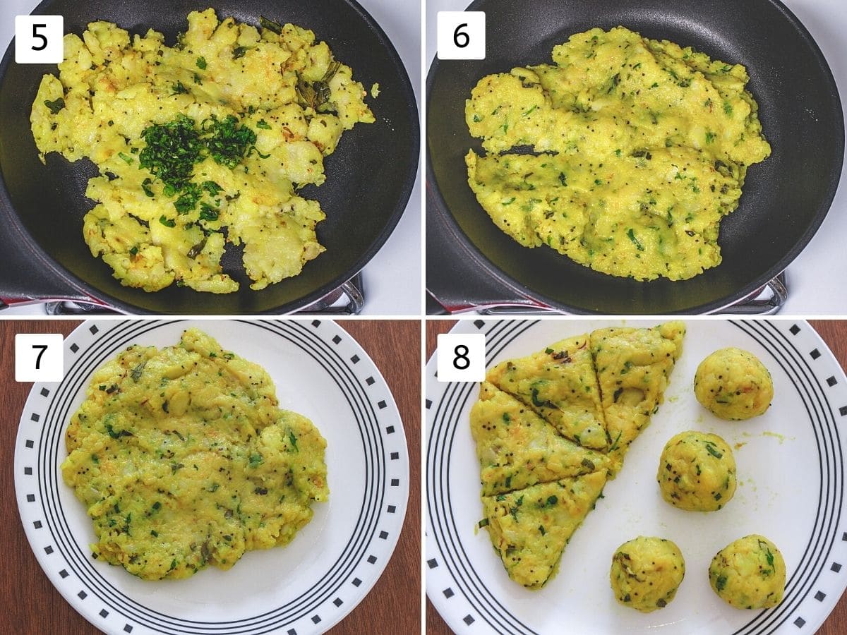 Collage of 4 images showing mixing cilantro into the potato filling, dividing into 8 parts and making balls.