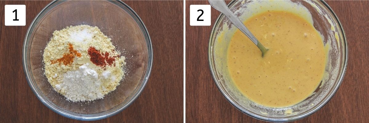 Collage of 2 images showing batter ingredients in a bowl and ready batter.
