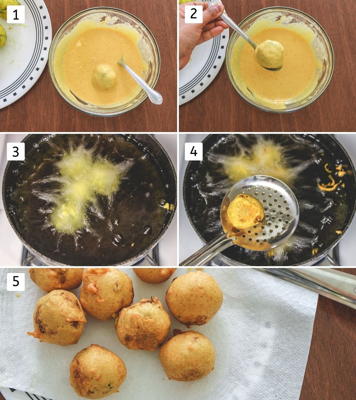 Collage of 5 images showing ball dipped into the batter, frying into the oil and ready batata vada.