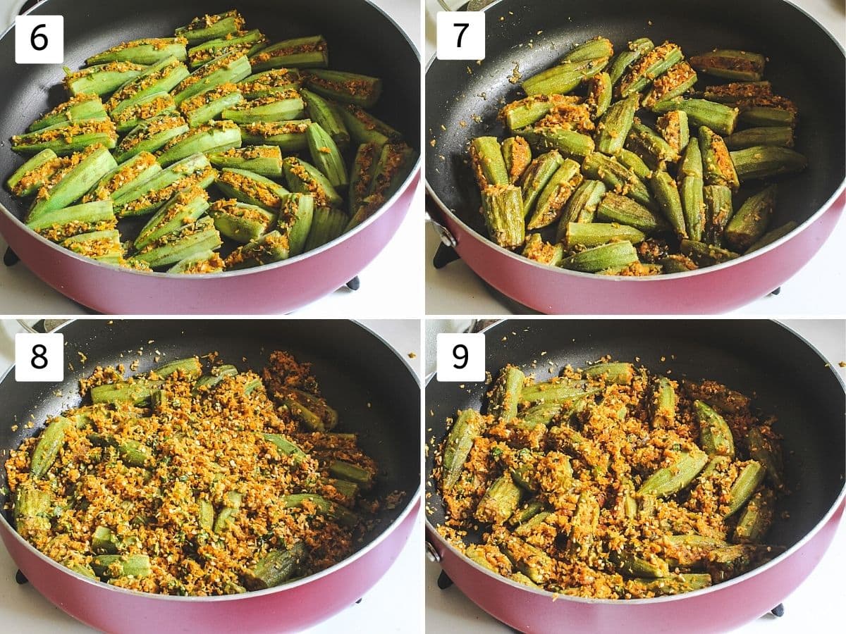 Collage of 4 images showing stuffed okra in a pan cooking and cooked okra with more masala.