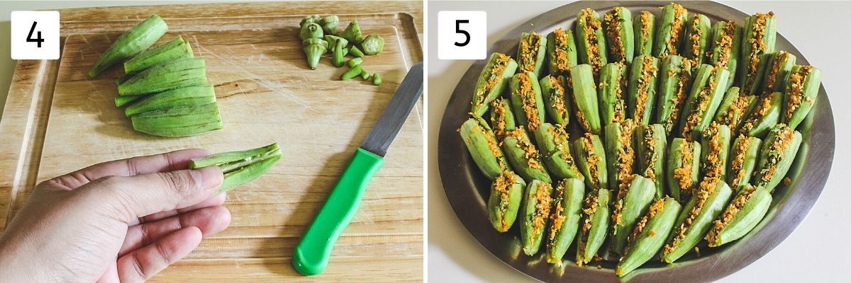 Collage of 2 images showing a vertical slit in okra and stuffed okra in a plate.