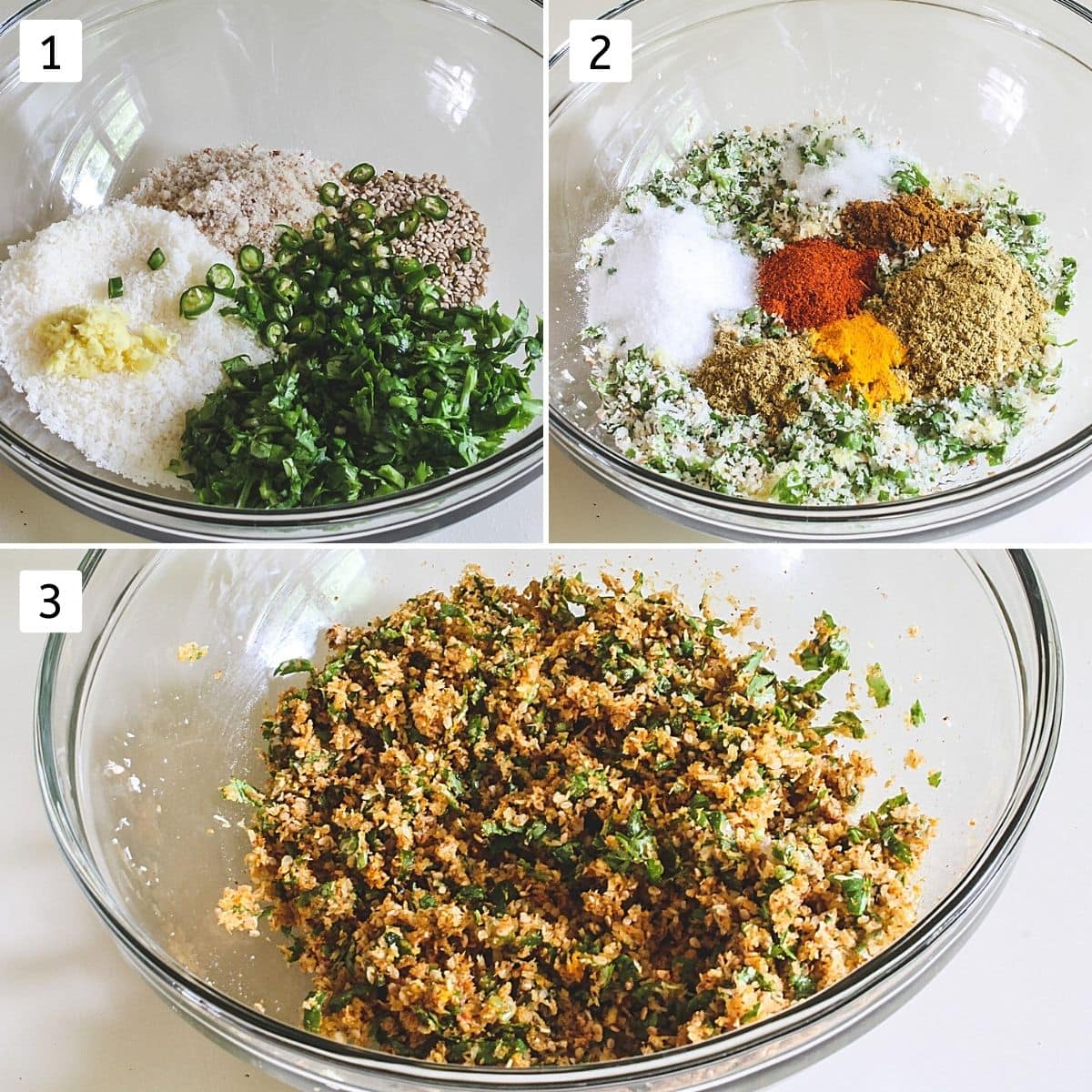 Collage of 3 images showing stuffing ingredients in a bowl and mixed together.