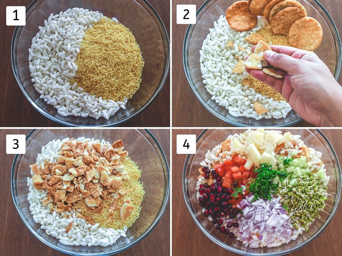 Collage of 4 images showing bhel ingredients and veggies in a bowl.