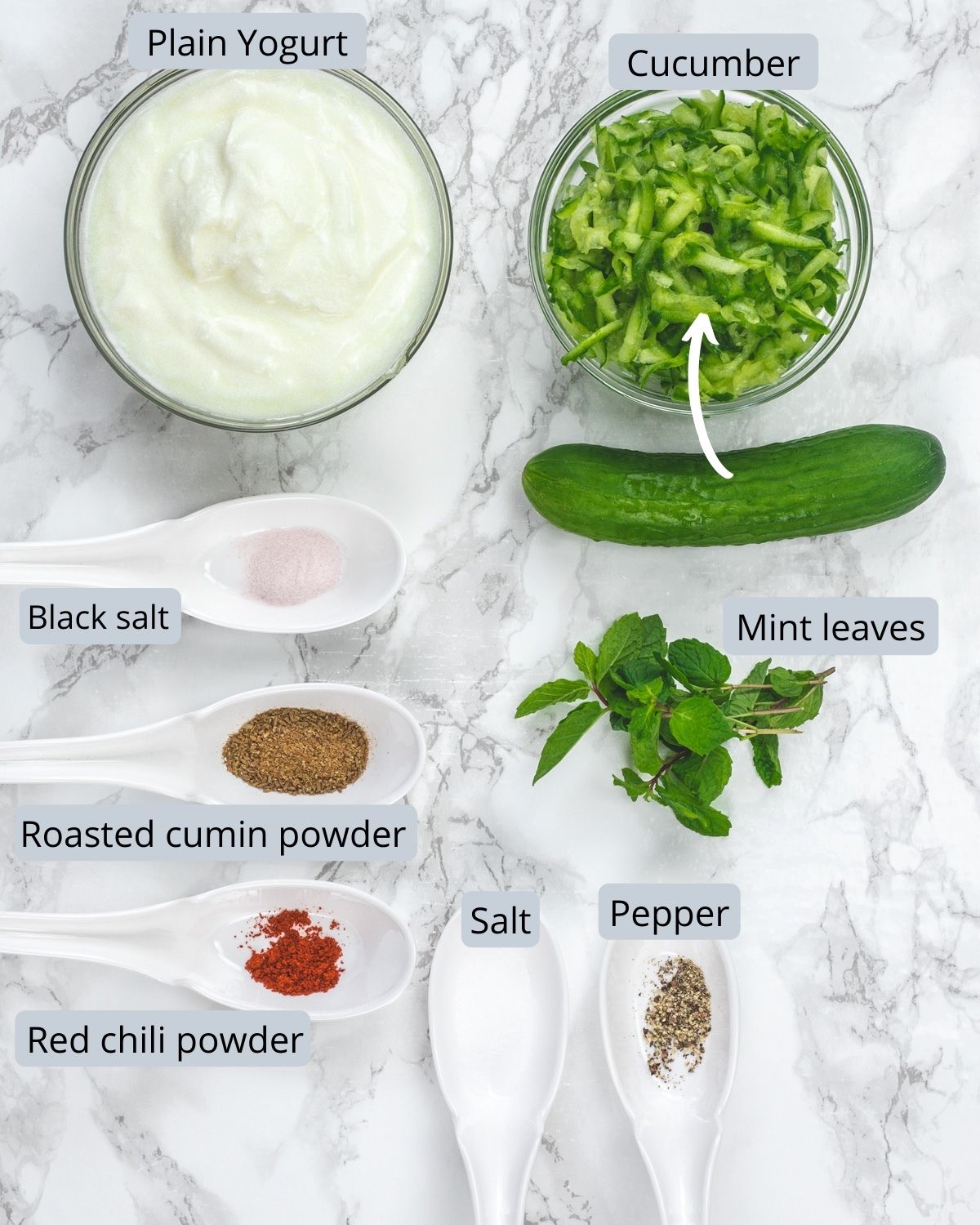 Cucumber raita ingredients wih labels on a marble surface.