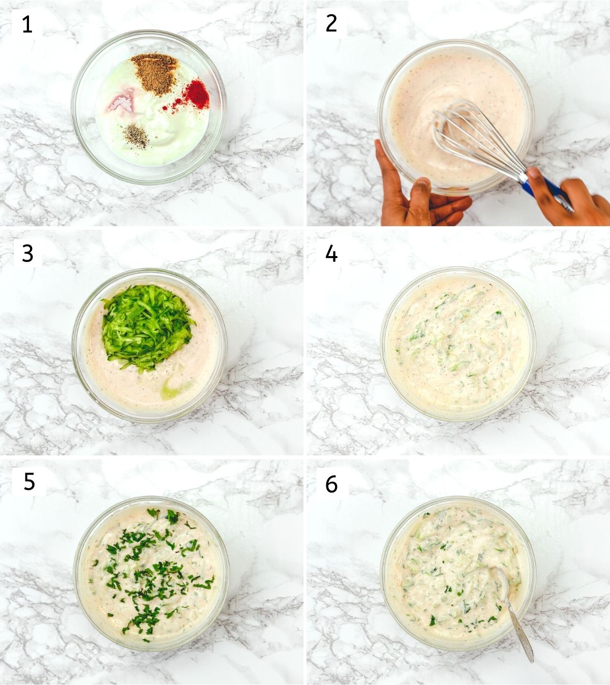 Collage of 6 images showing yogurt, spices in a bowl, mixed, adding cucumber and mint, mixing together.
