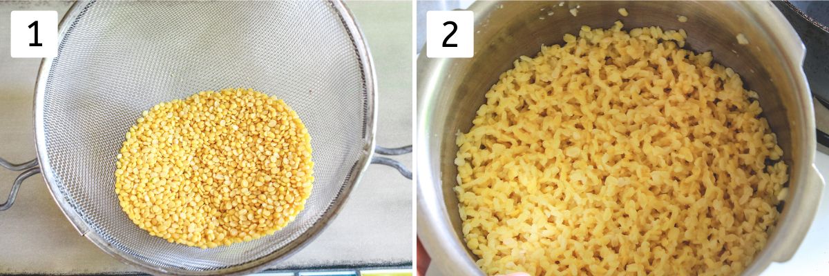 Collage of 2 images showing moong dal in a colander and cooked moong dal.