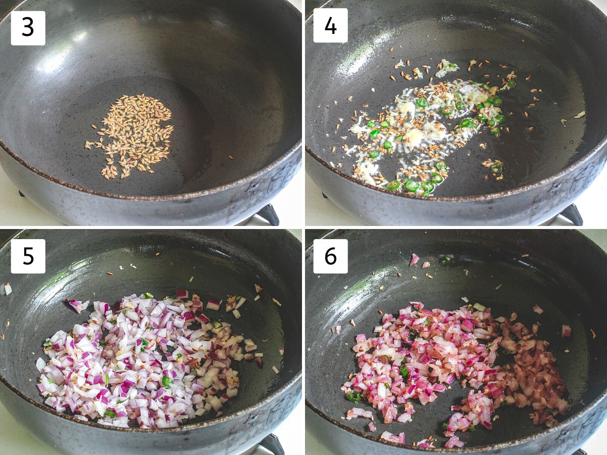 Collage of 4 images showing temerping, cooking ginger, garlic and onion.