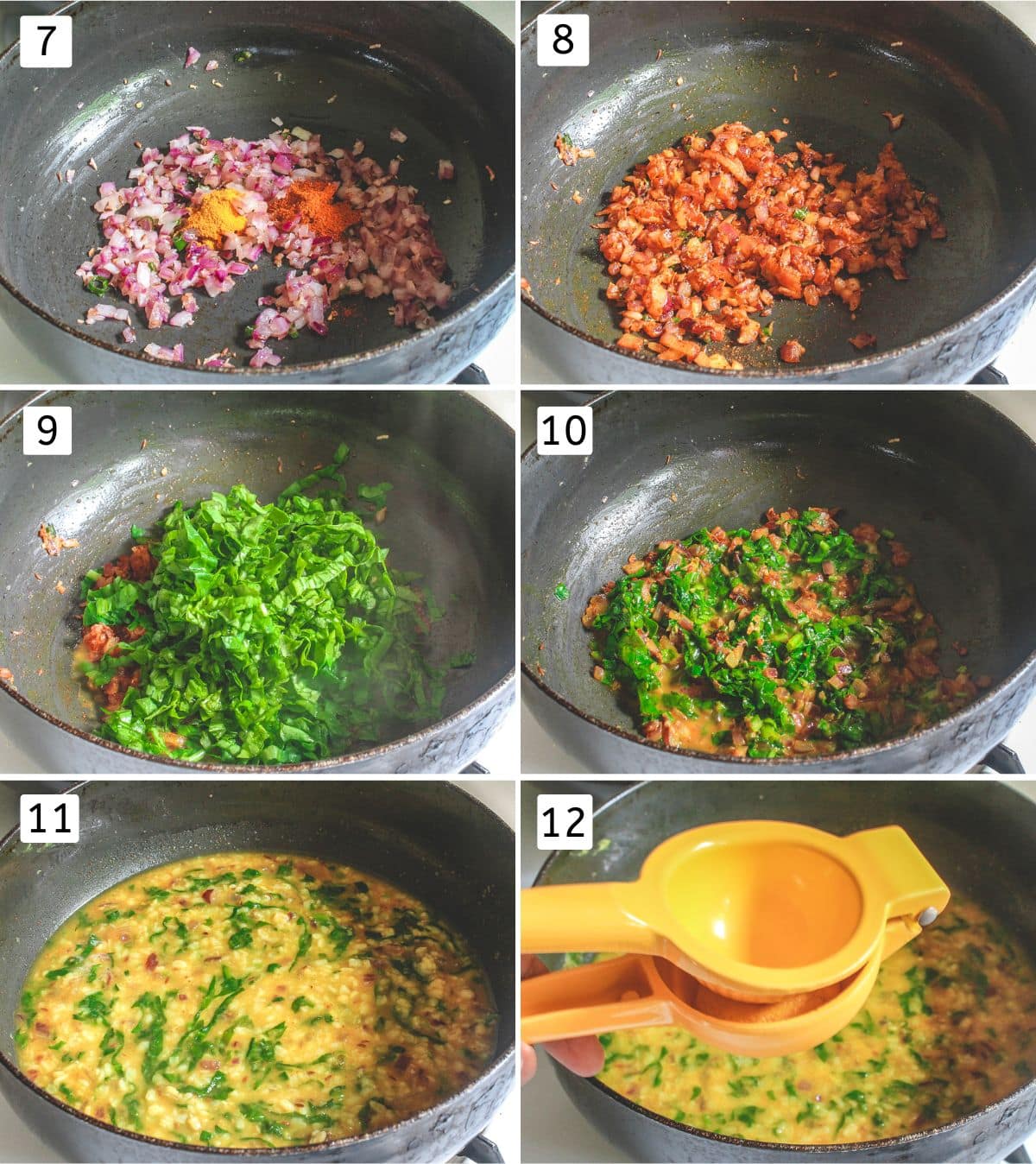 Collage of 6 images showing mixing spices, cooking spinach and mixing dal and simmering.