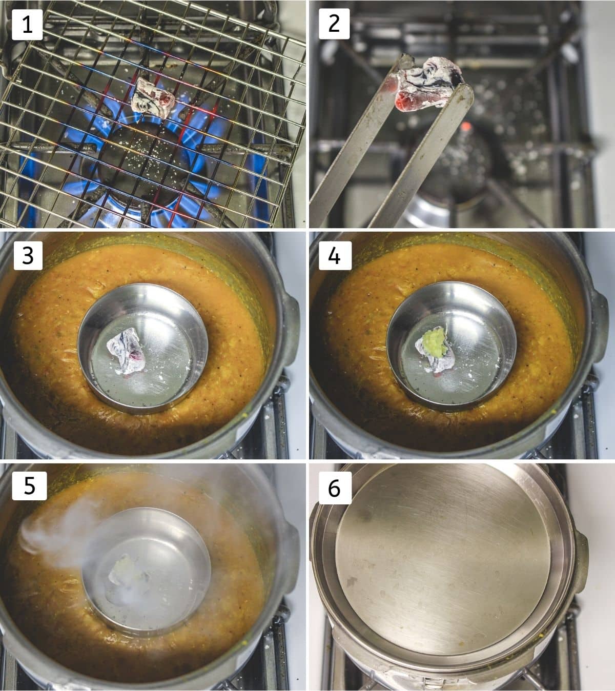 Collage of 6 images showing heating charcoal, placing into a bowl, smoking with garlic and ghee.