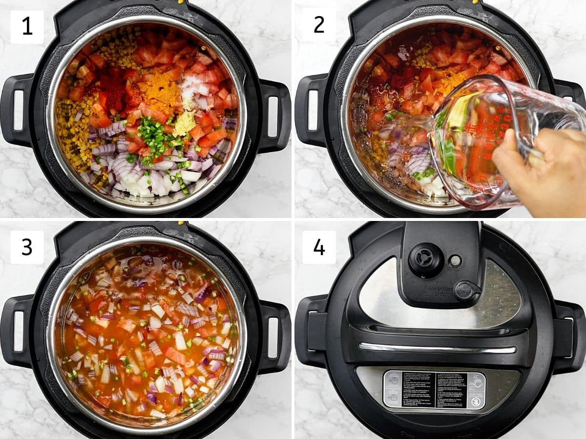 Collage of 4 images showing adding ingredients into the instant pot and closed with a lid.