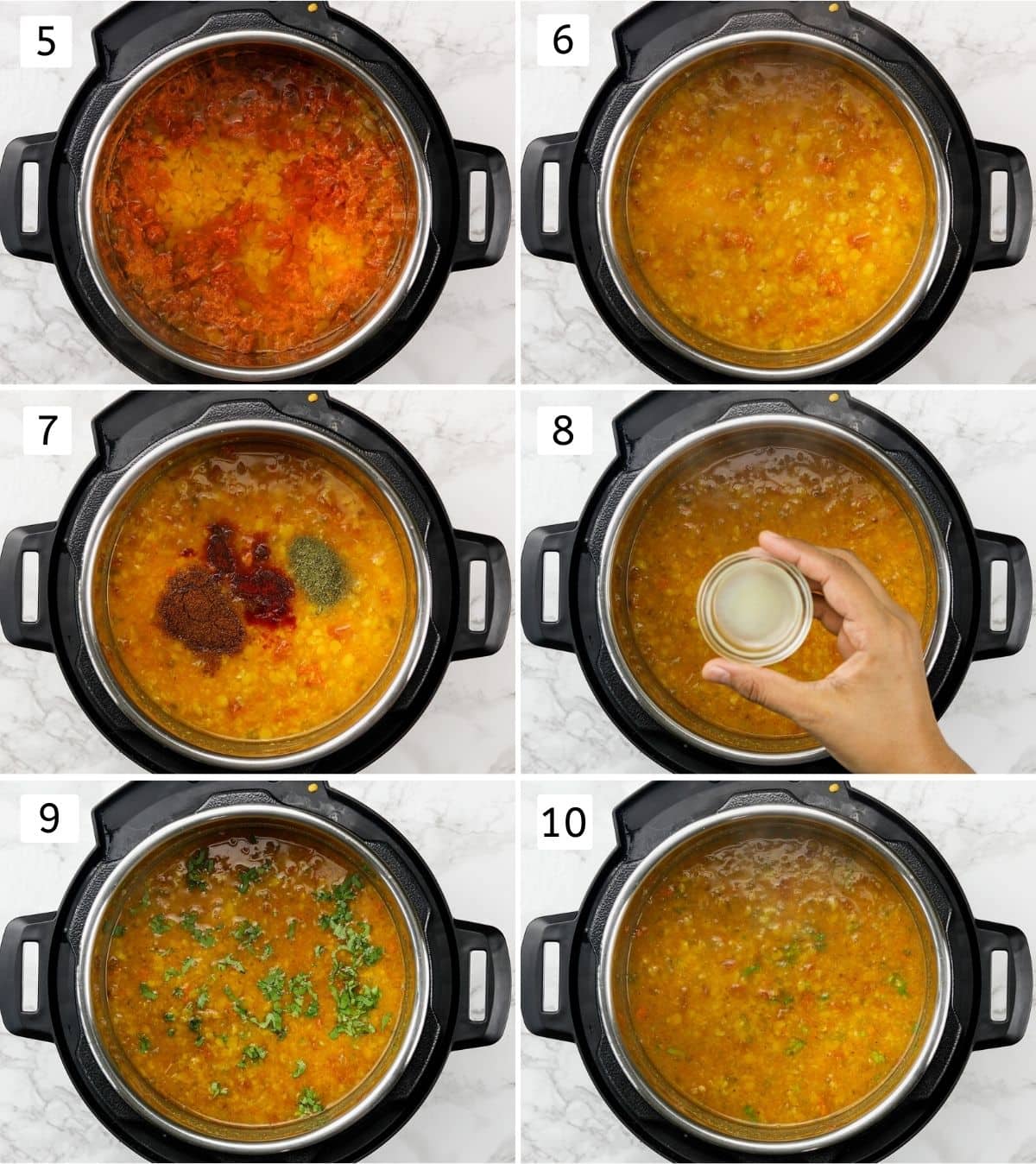 Collage of 6 images showing boiled dal, adding spices, lemon juice and cilantro.