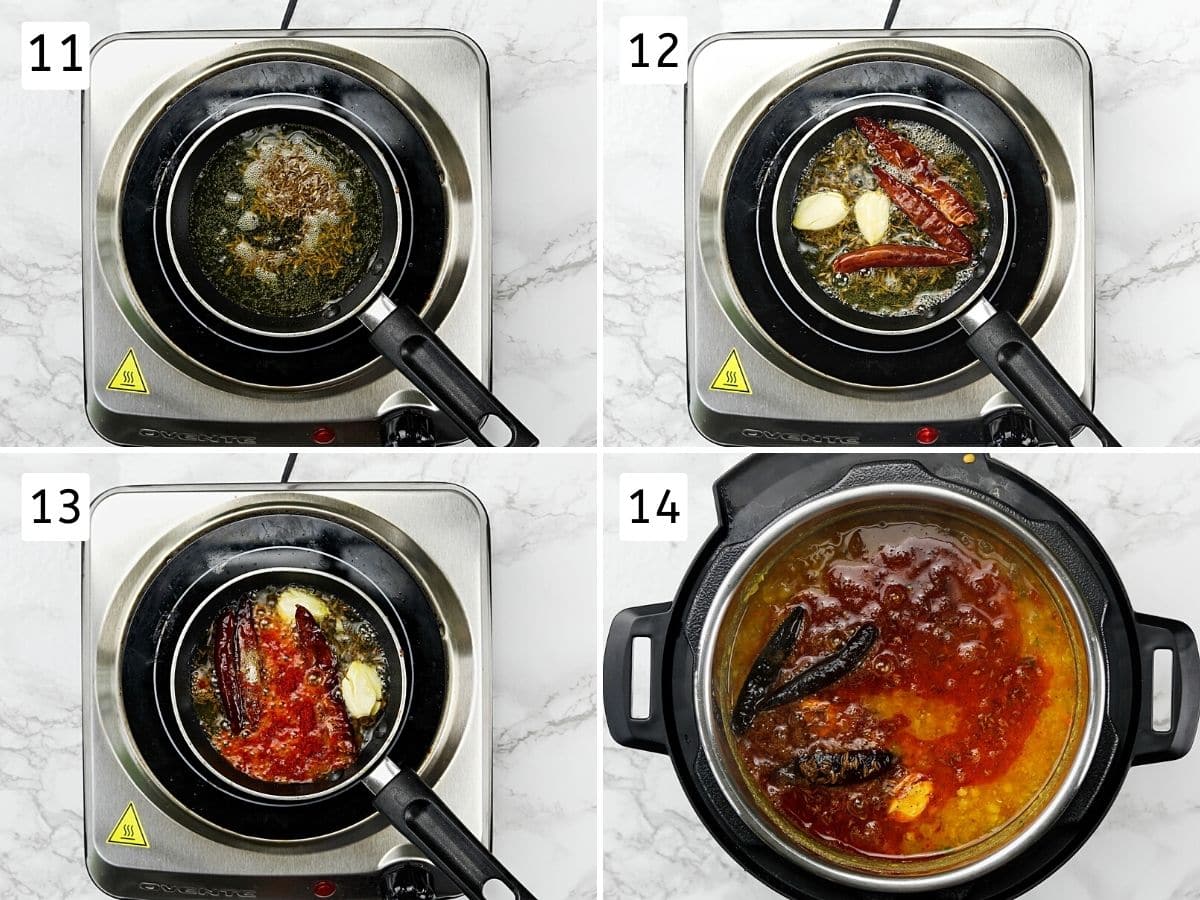 Collage of 4 images showing tempering is made and added to the dal.