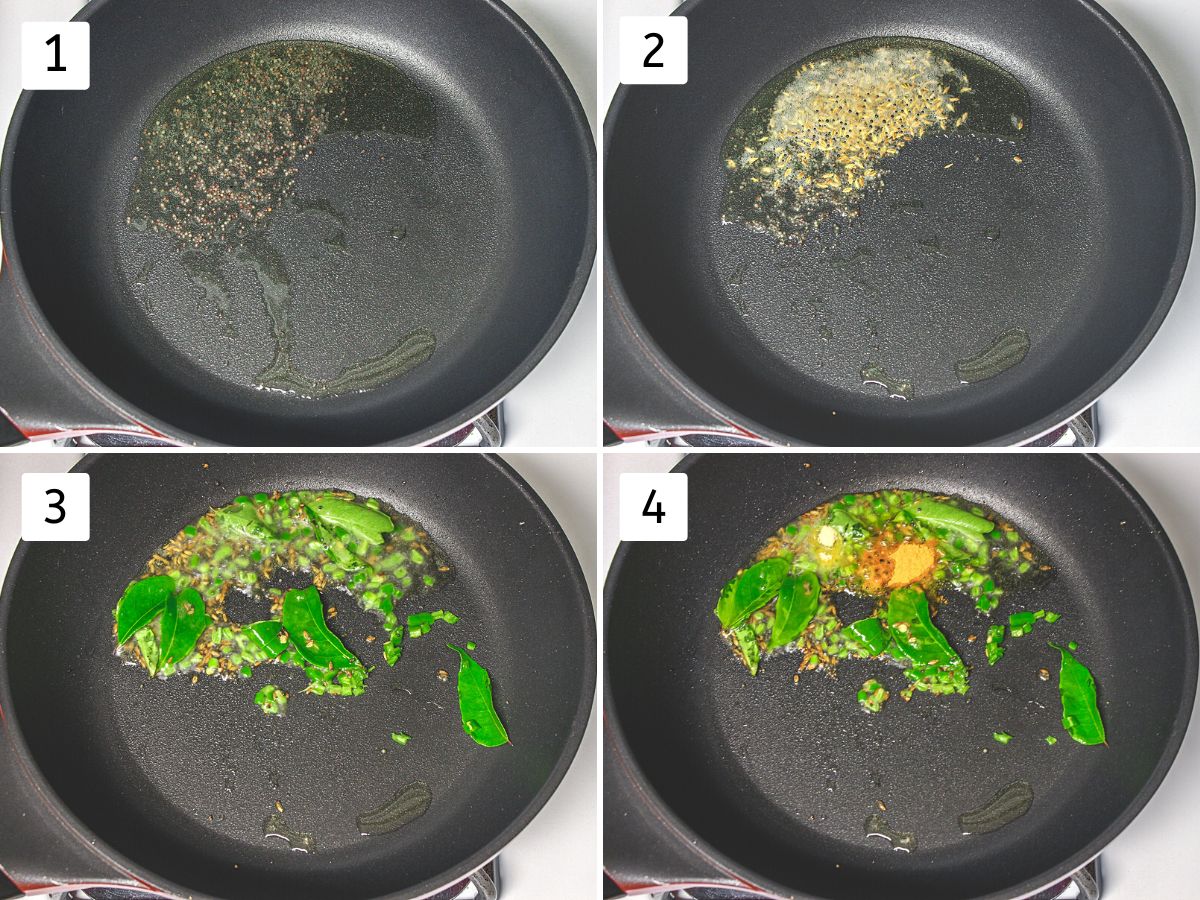 Collage of 4 images showing tempering of mustard, cumin, green chili and curry leaves.