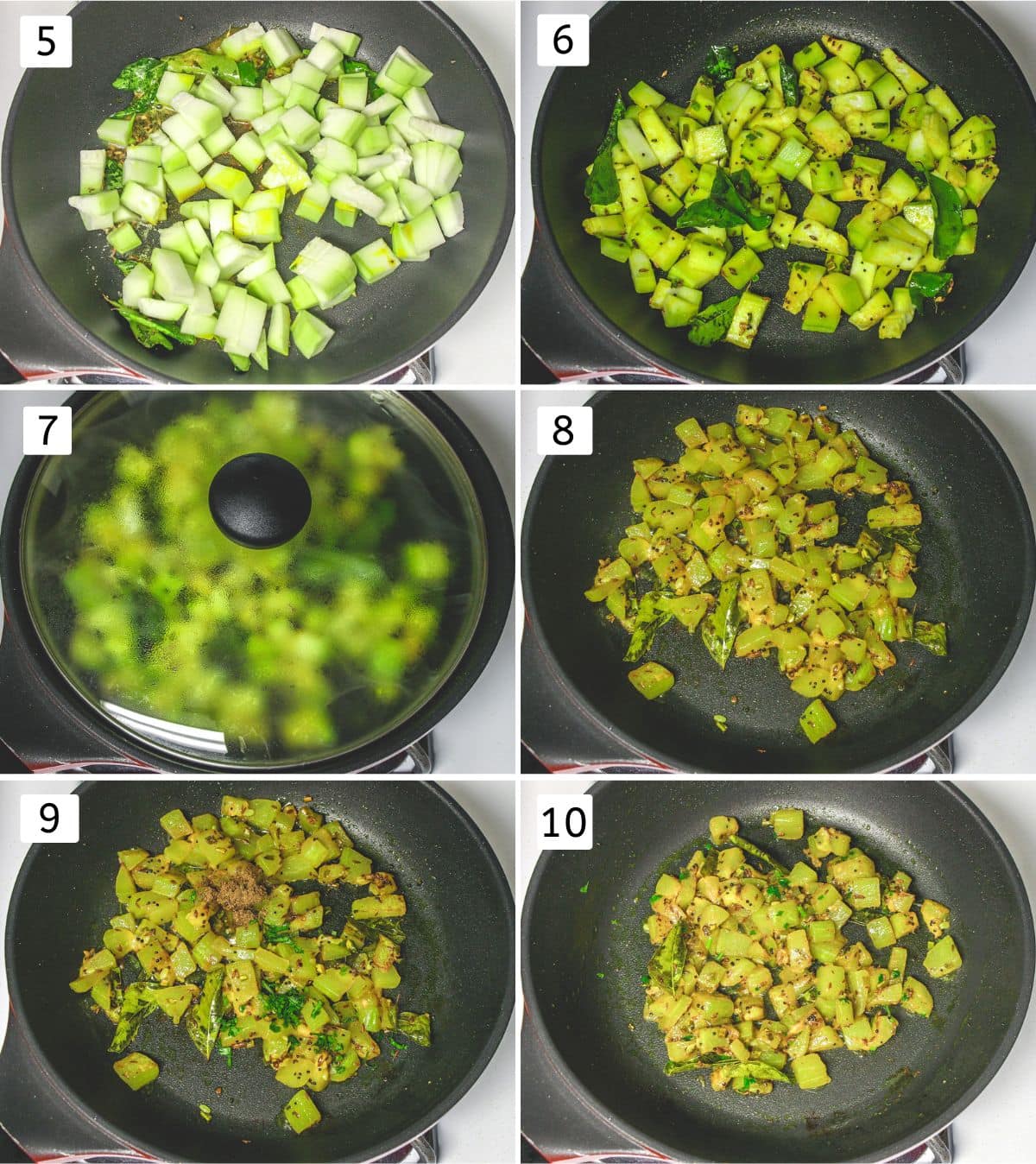 Collage of 6 images showing mixing lauki in tempering, covered and cooked sabzi.