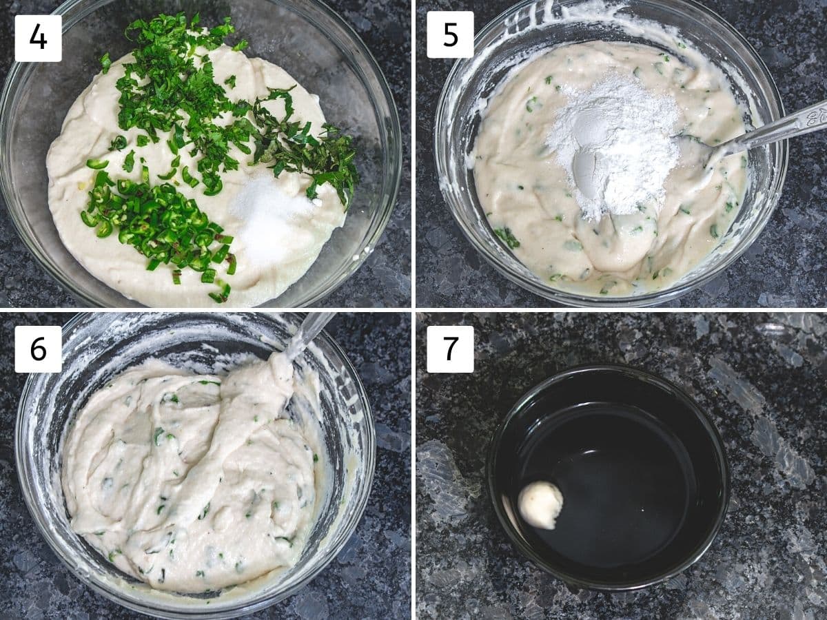 Collage of 4 images showing adding ingredients into the batter and checking consistency.