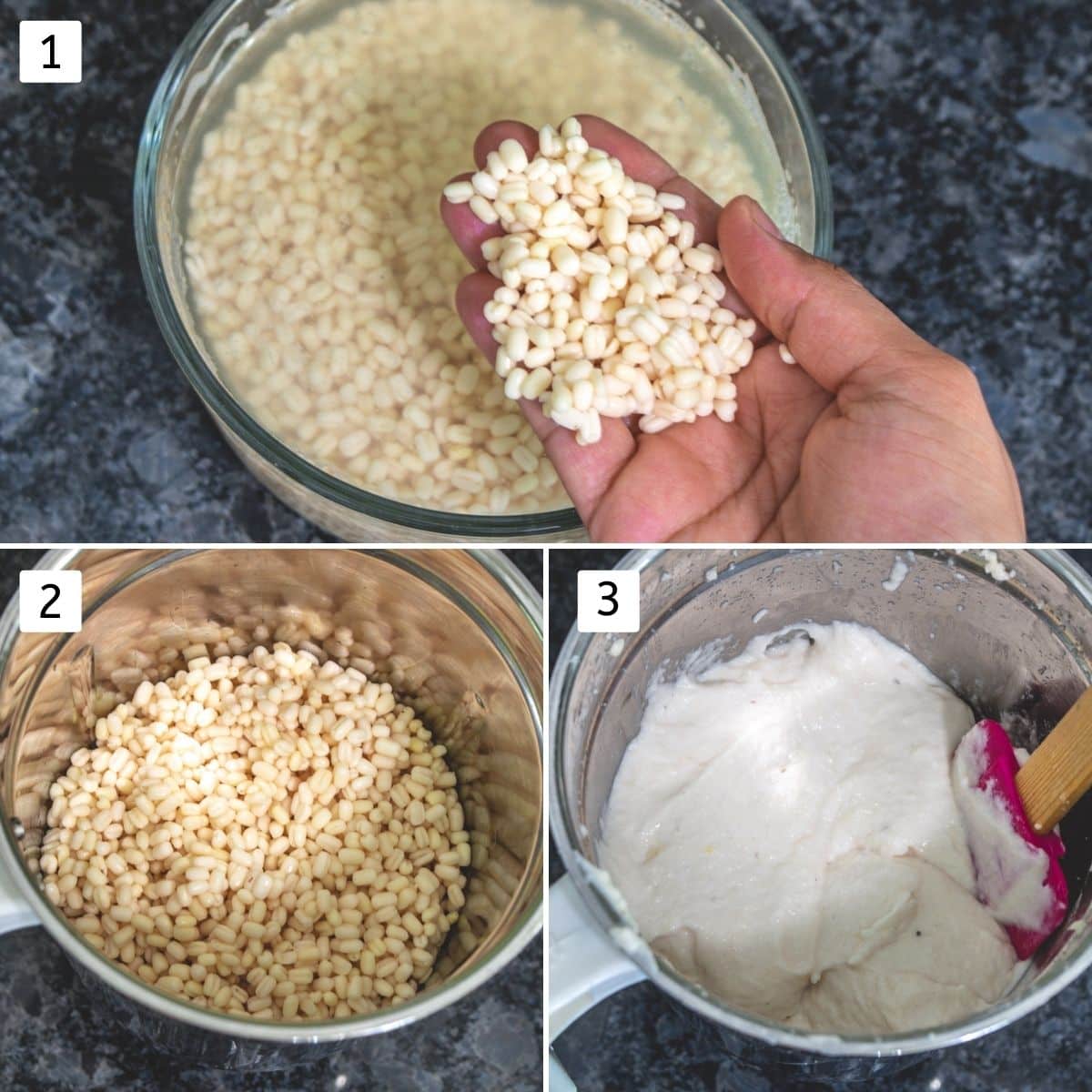 Collage of 3 images showing soaked lentils and grinding into the batter.