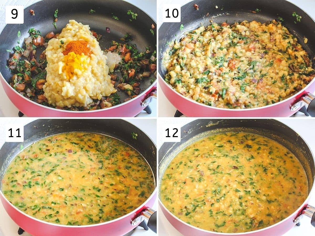 Collage of 4 images showing adding dal, spices, simmering dal.