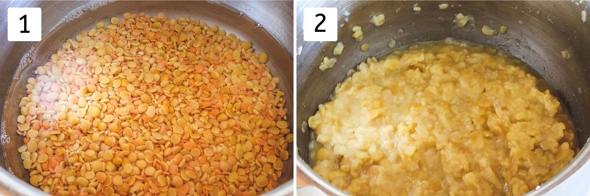 Collage of 2 images showing raw dal and water in a pressure cooker and cooked dal.