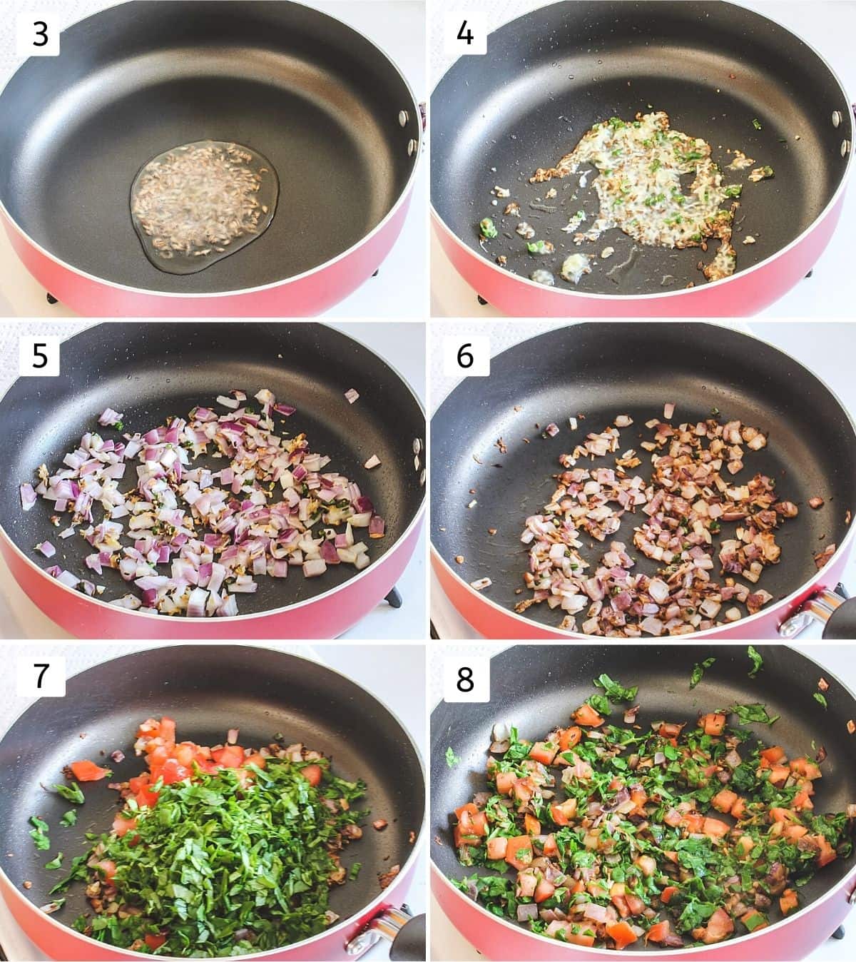 Collage of 6 steps showing tempering, cooking onion, tomato and methi leaves.