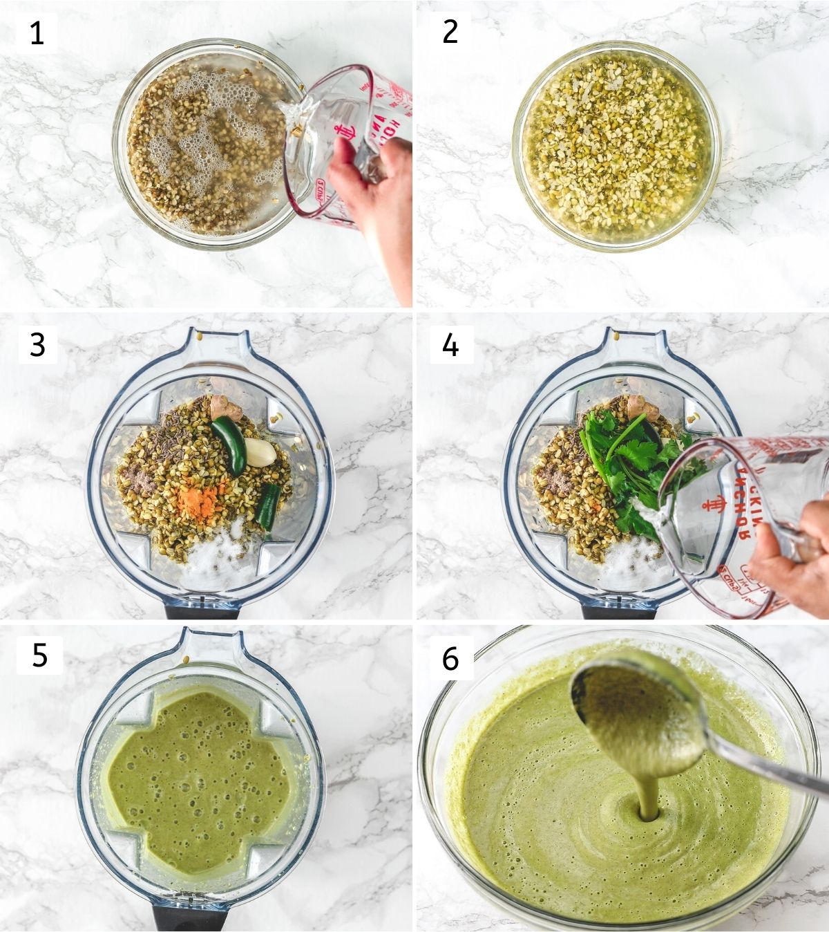 Collage of 6 images showing soaking lentils, grinding batter and showing consistency.