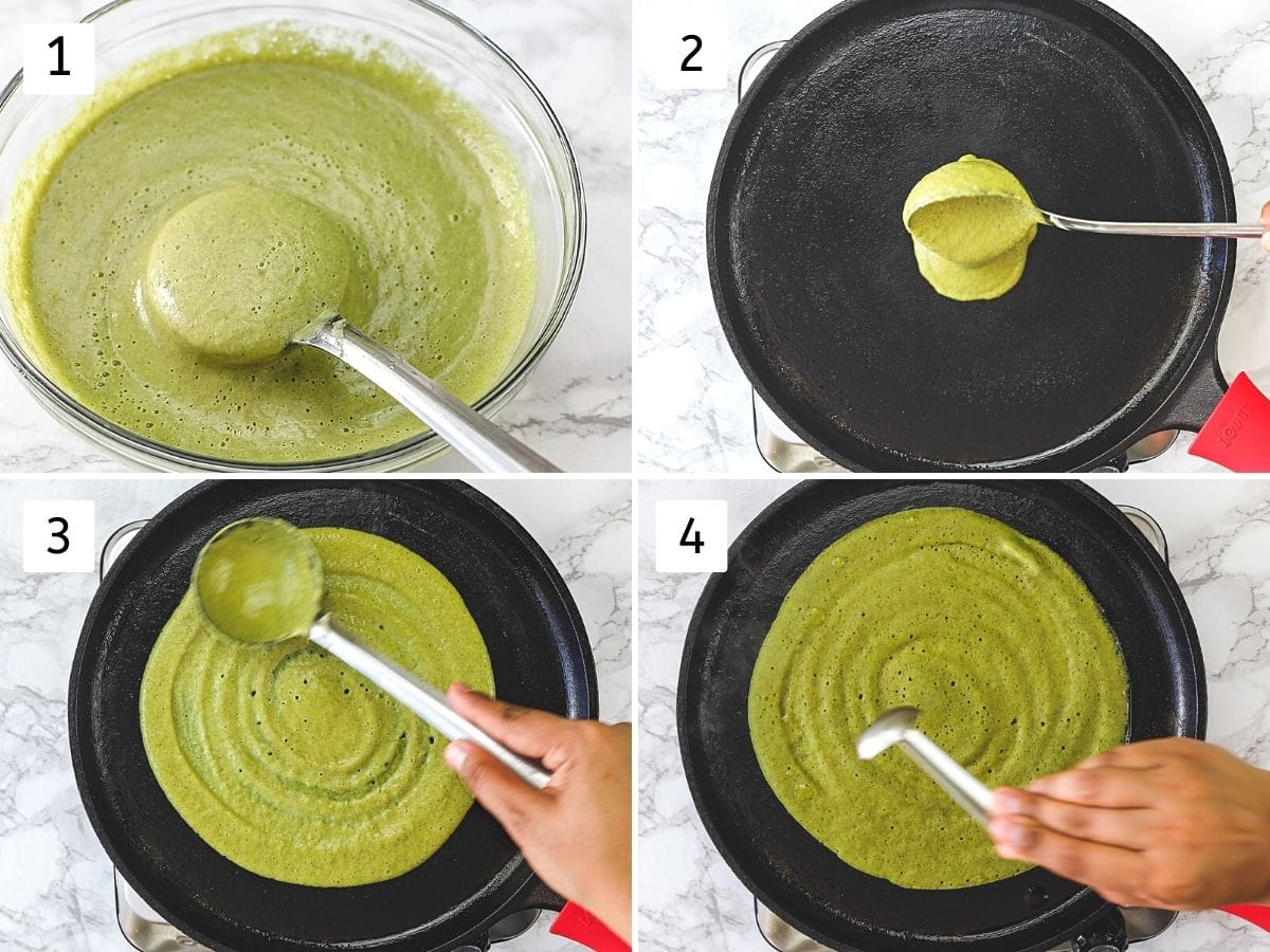 Collage of 4 images showing spreading the batter on the tawa.