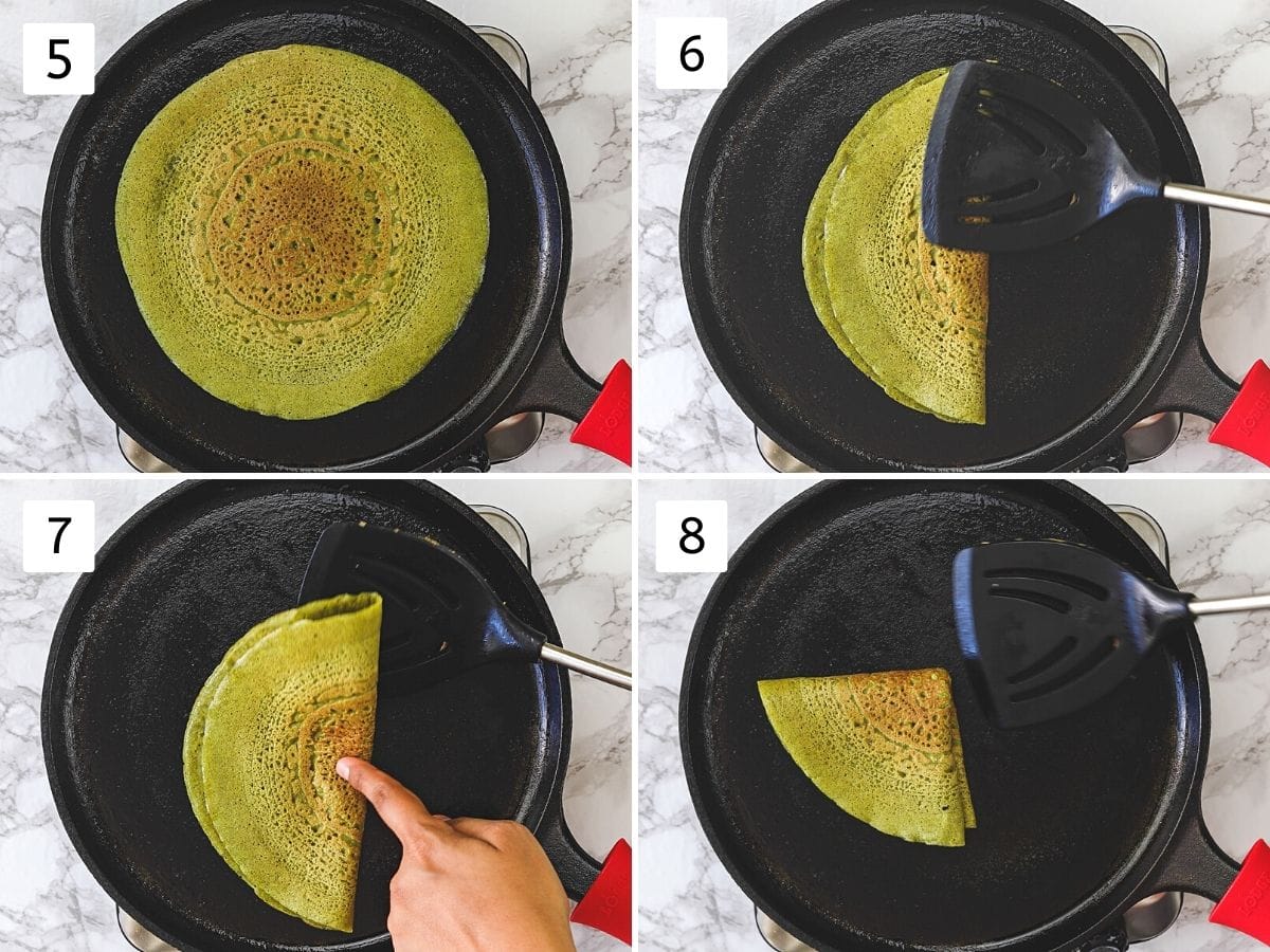 Collage of 4 images showing cooked chilla and how to fold in triangular shape.