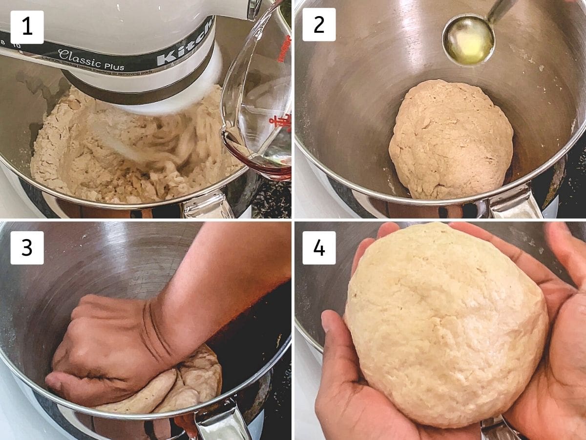 Collage of 4 images showing kneading the dough in a kitchen aid stand mixer.