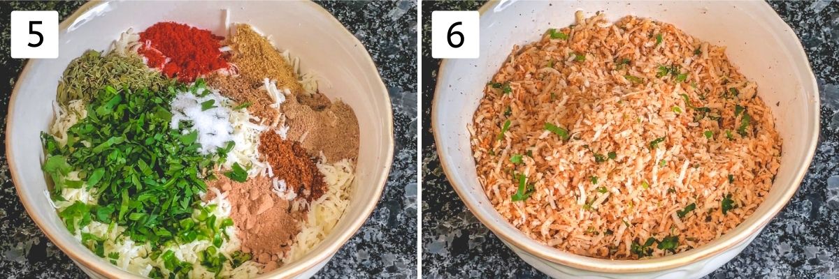 Collage of 2 images showing stuffing ingredients in a bowl and mixed together.