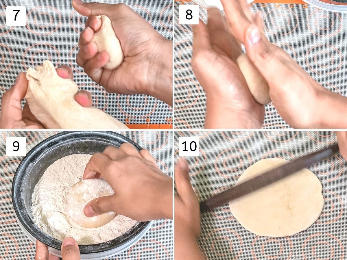 Collage of 4 images showing make small dough balls, dusting with flour and rolliing.