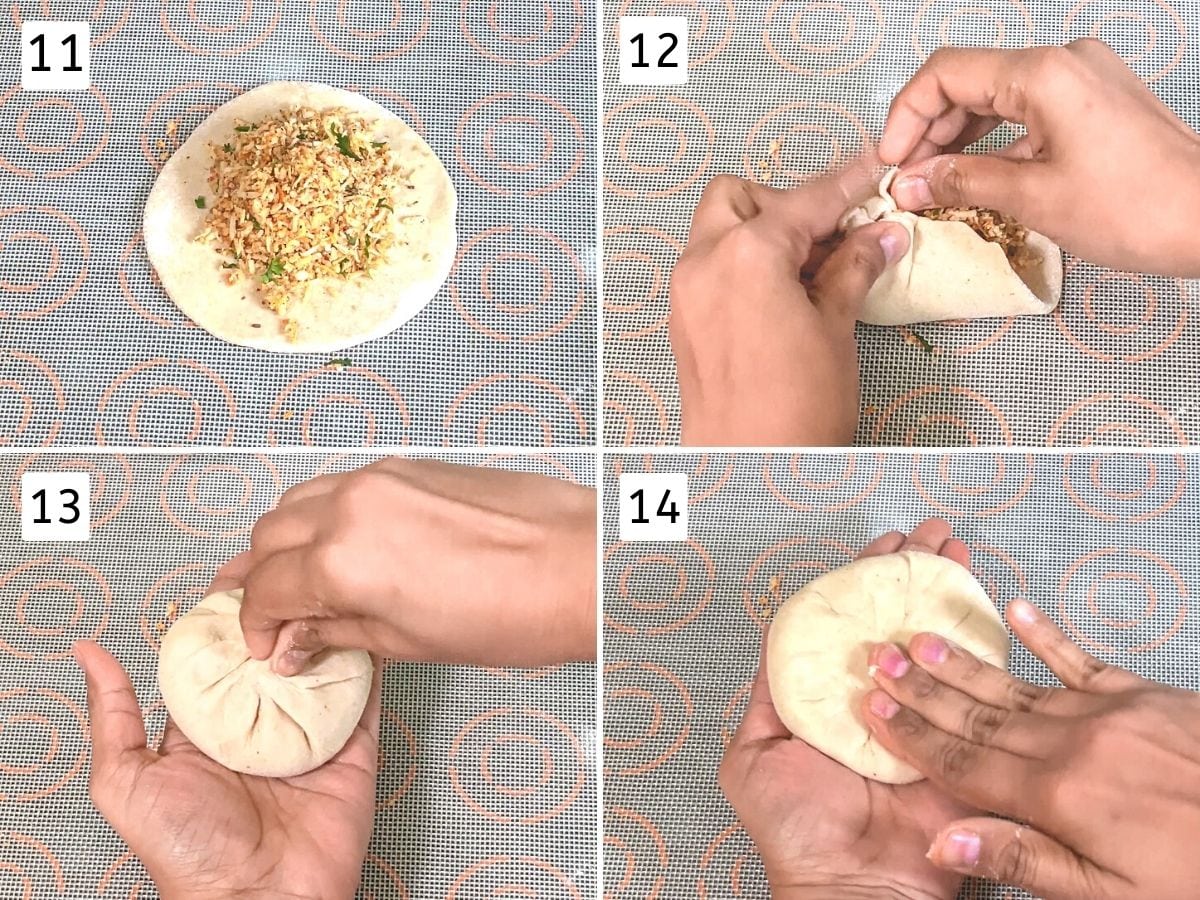 Collage of 4 images showing adding stuffing, pinching and sealing the dough.