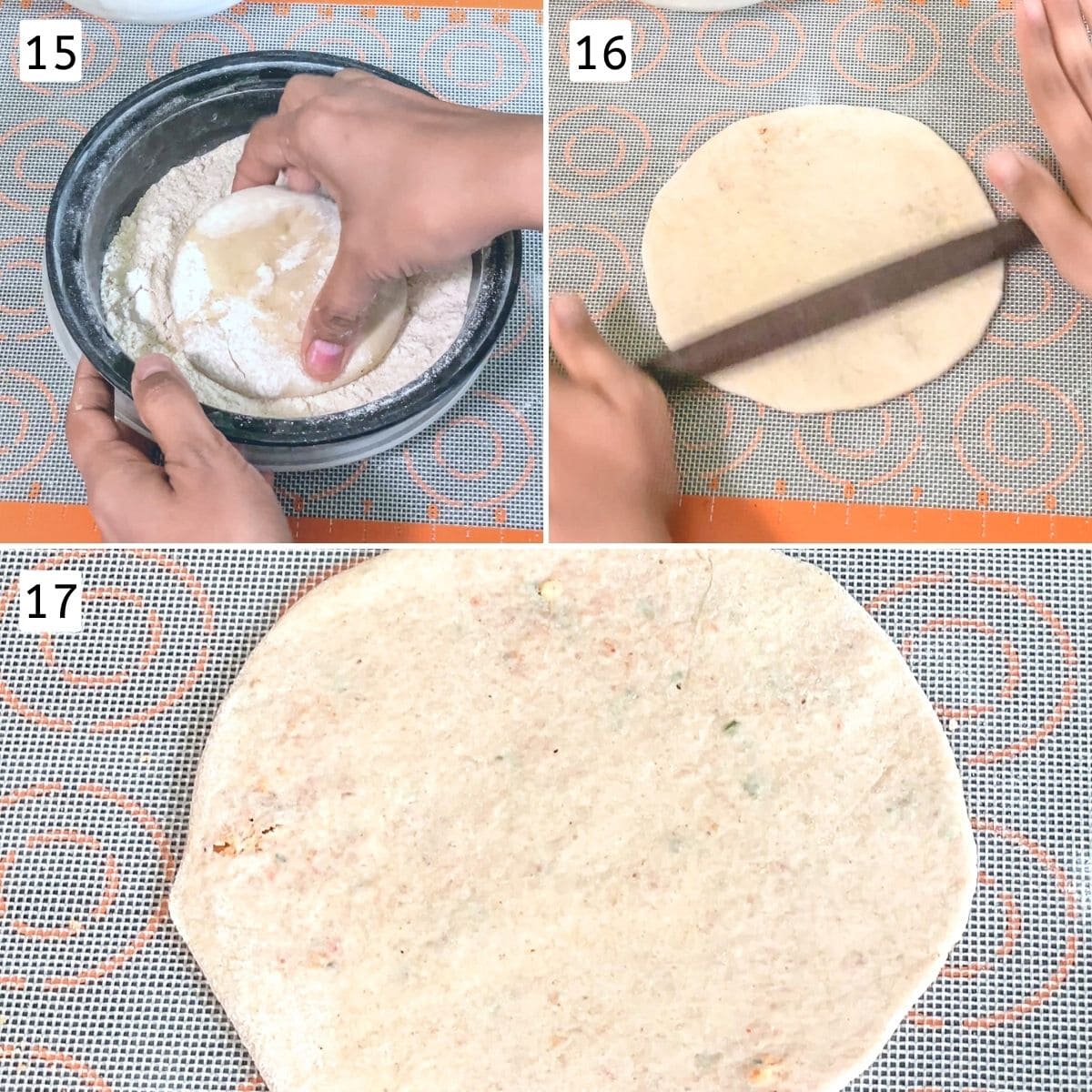 Collage of 3 images showing dusting the stuffed patty and rolling into paratha.