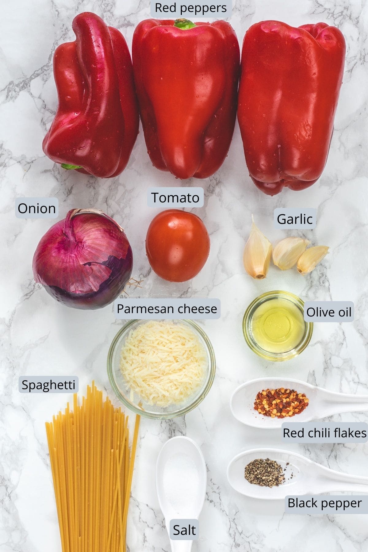 Roasted red pepper pasta ingredients with labels.