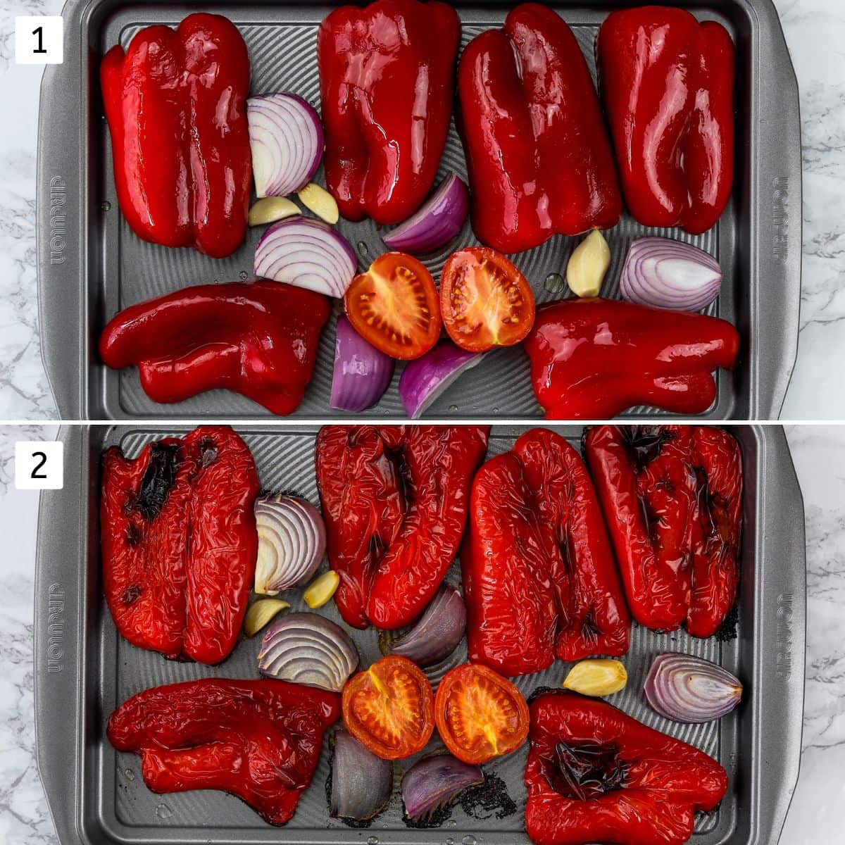 Collage of 2 images showing veggies in a baking tray and roasted in oven.