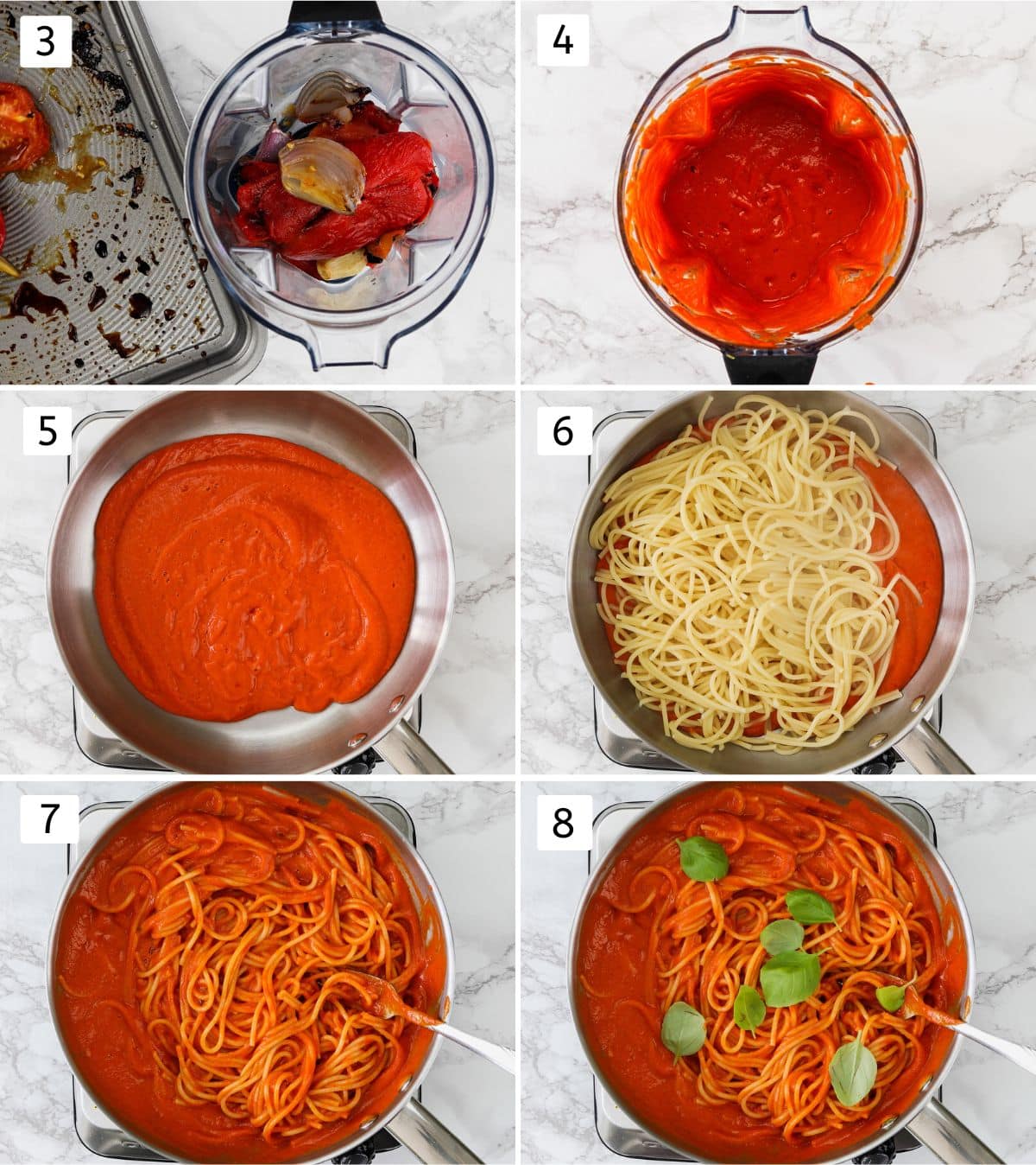 Collage of 6 images showing puree of roasted veggies, adding into the pan with cooked pasta and adding basil.