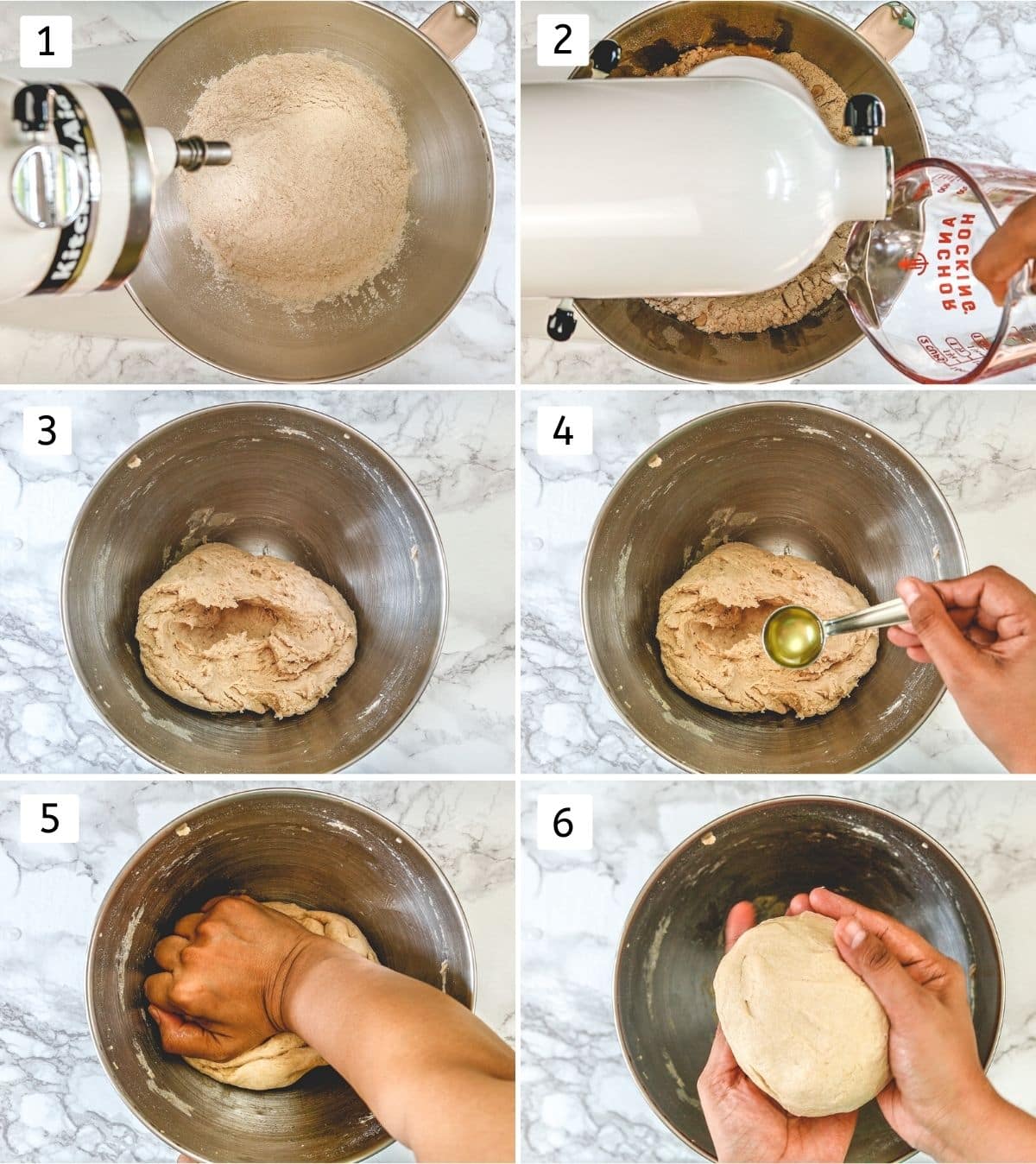 Collage of 6 images showing making roti dough into the kitchen aid mixer.