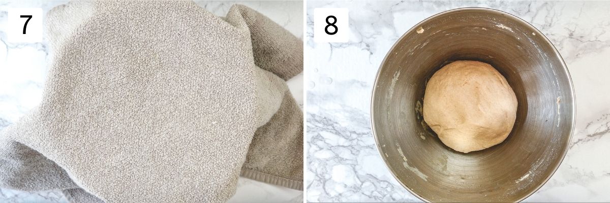 Collage of 2 images showing bowl covered with napkin and ready dough.