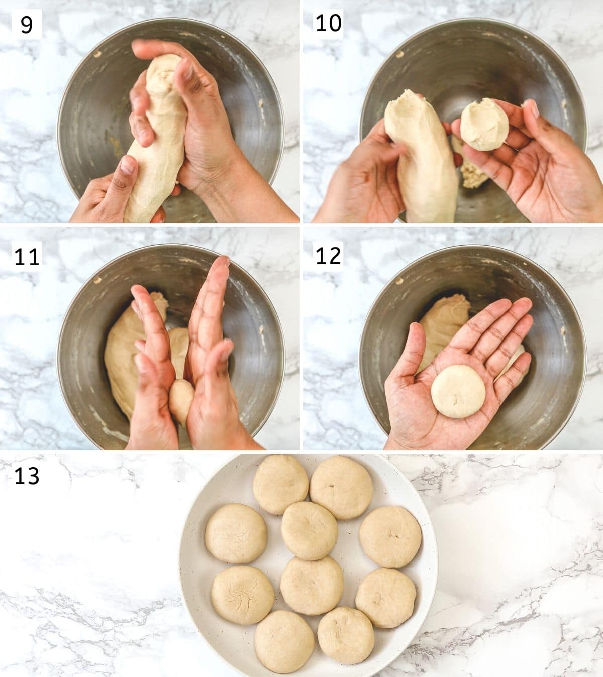Collage of 5 images showing dividing the dough into balls and flattening into disc.