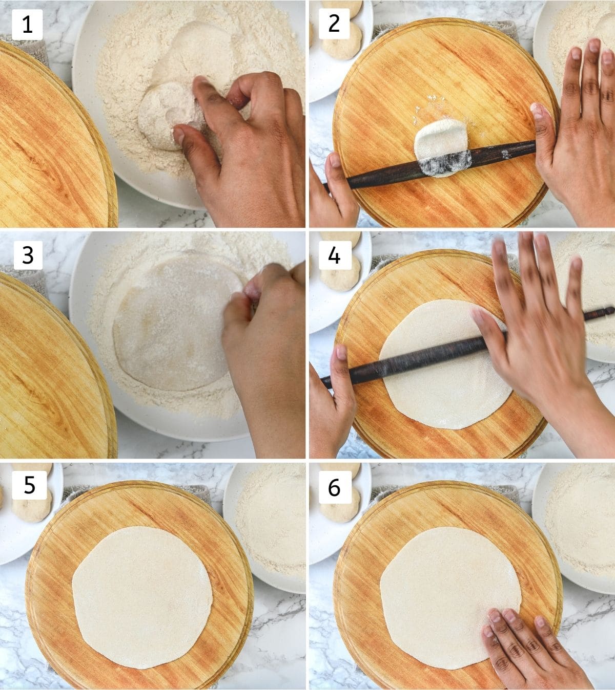 Collage of 6 images showing dusting dough ball into dry flour and rolling the roti.