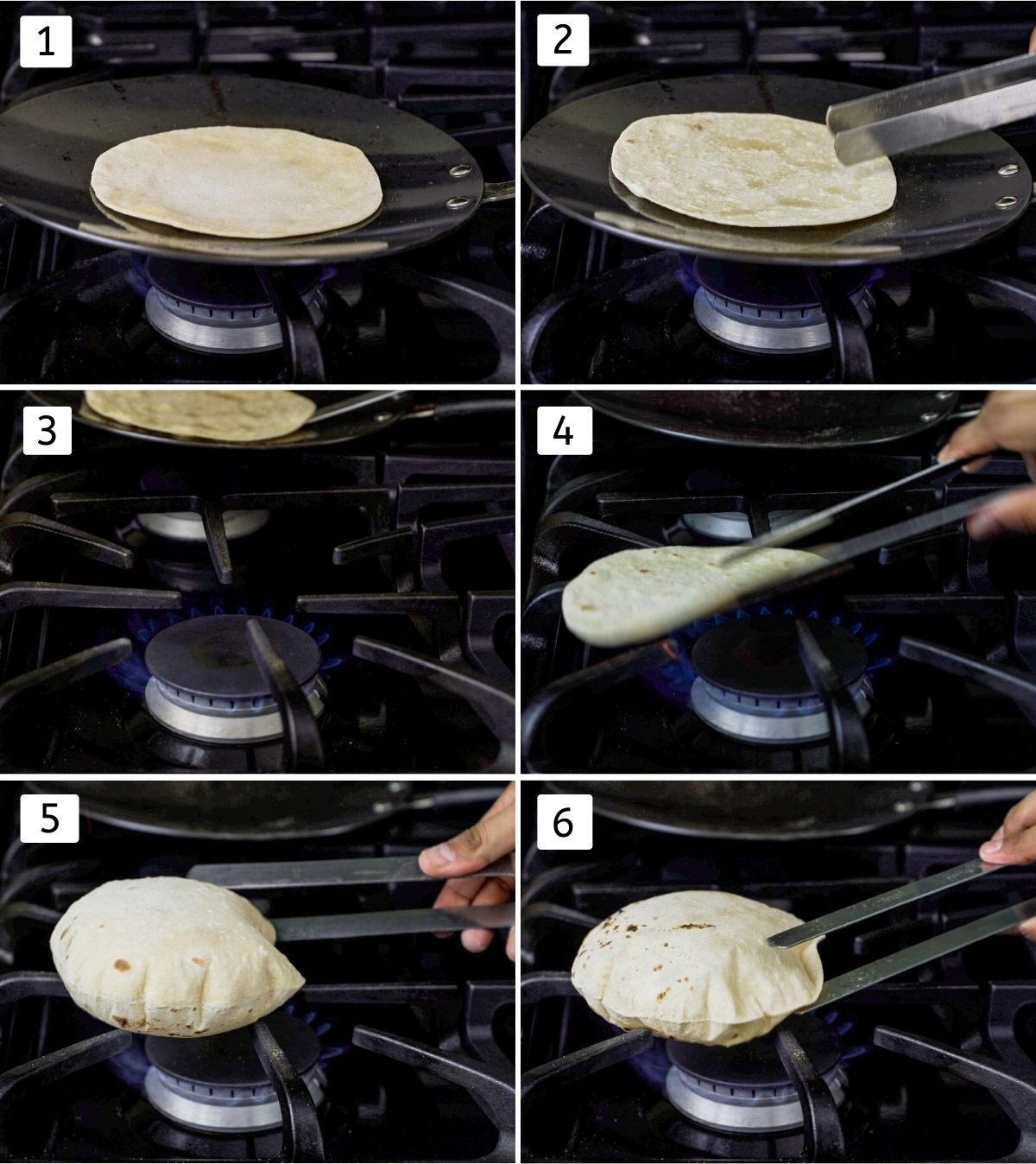 Collage of 6 images showing cooking roti on the tawa and puffing up on the direct flame.