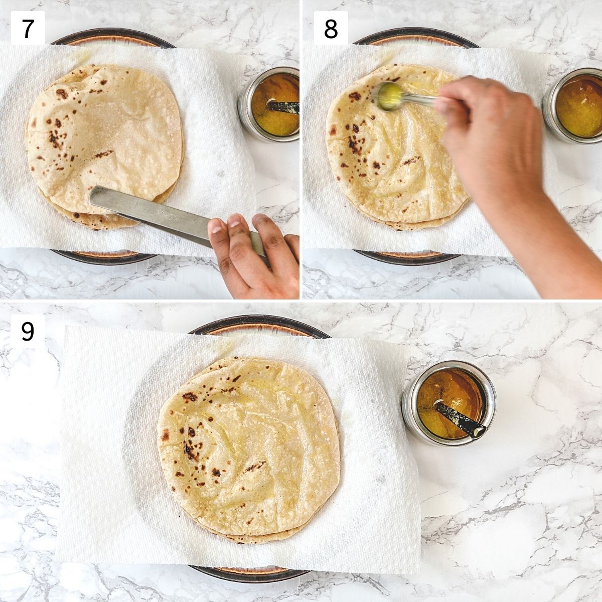 Collage of 3 images showing placing roti, applying ghee and a stack of roti.