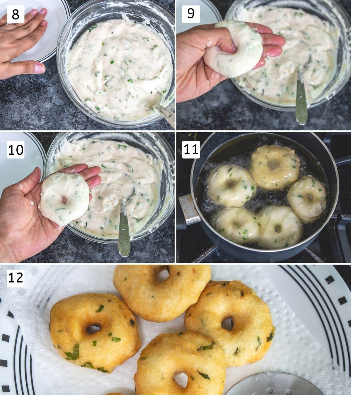 Collage of 5 images showing shaping vada and frying with ready vada on a plate.