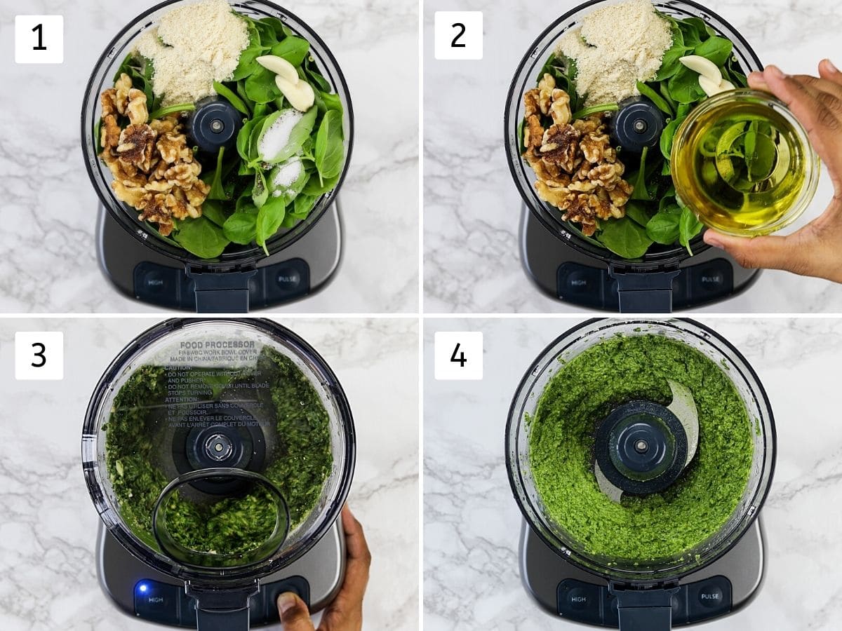 Collage of 4 images showing spinach pesto ingredients in food processor, adding oil, running and ready pesto.