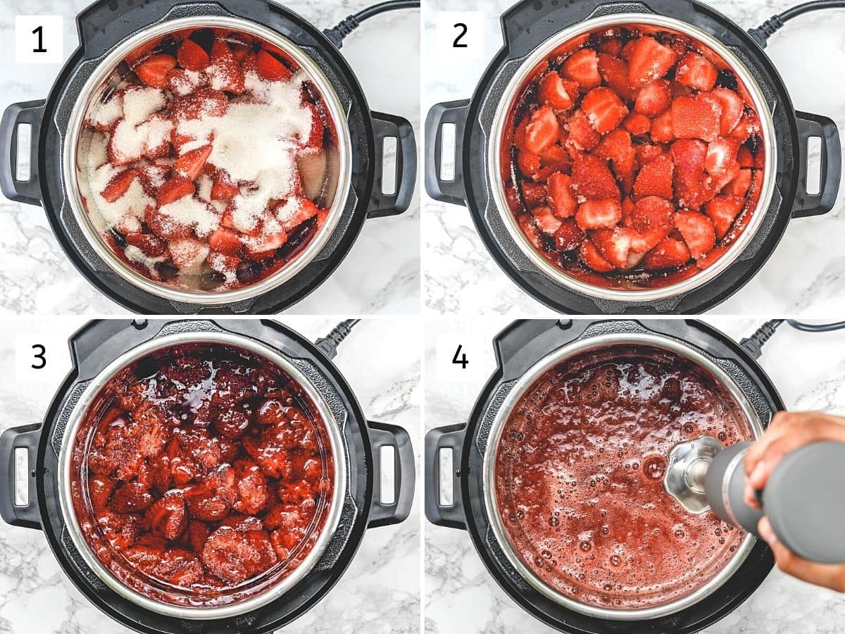 Collage of 4 images showing jam ingredients in instant pot, mixed, cooked and crushed.