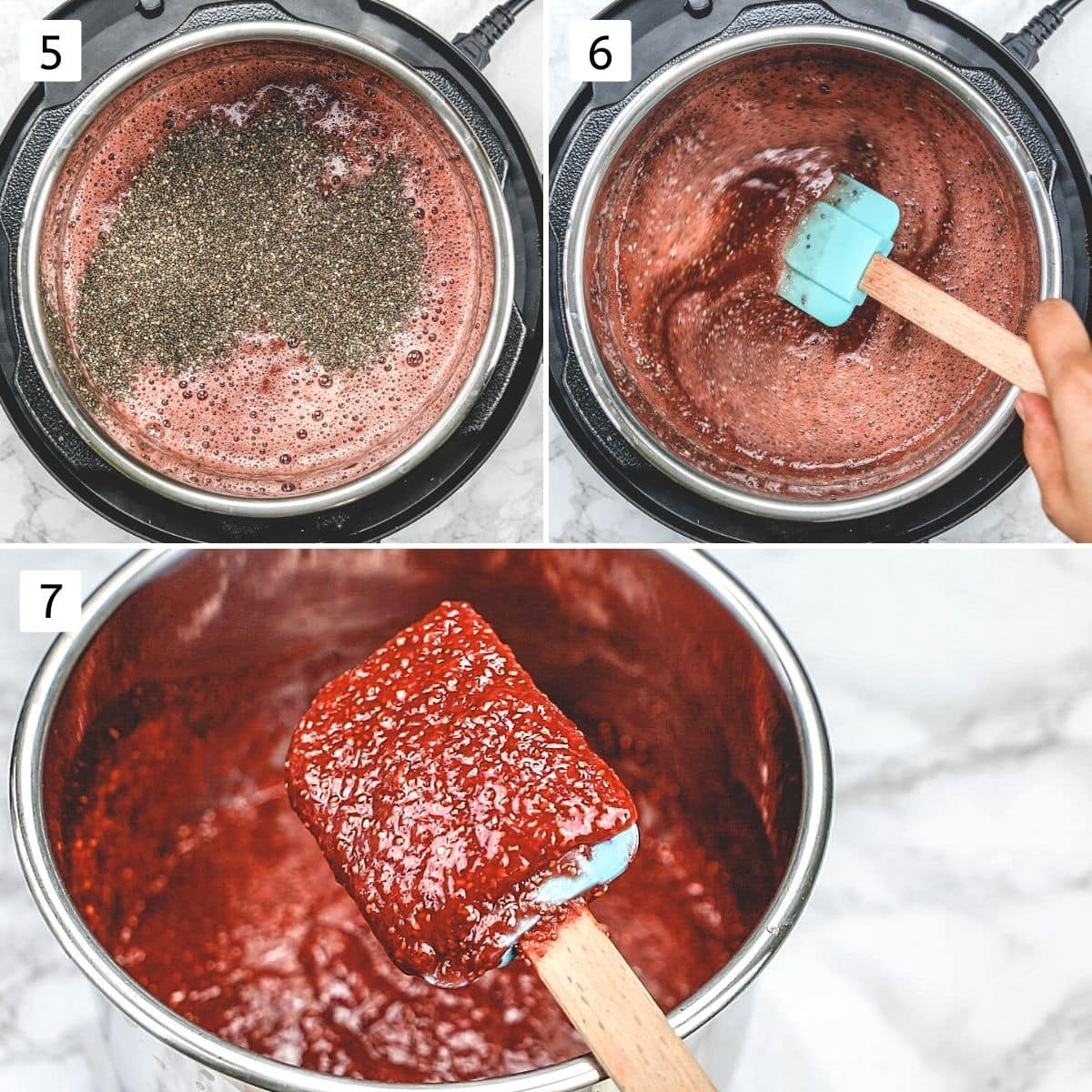 Collage of 3 images showing adding and mixing chia seeds and ready jam.