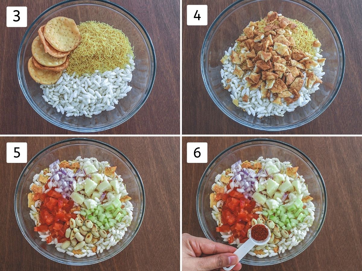 Collage of 4 images showing bhel stuff and veggies in a bowl.